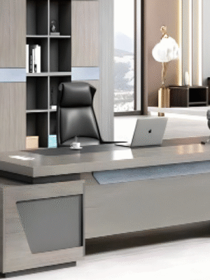 Executive desk with a distinctive design made of MDF wood and PVC veneer, supported by a side panel