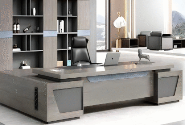 Executive desk with a distinctive design made of MDF wood and PVC veneer, supported by a side panel