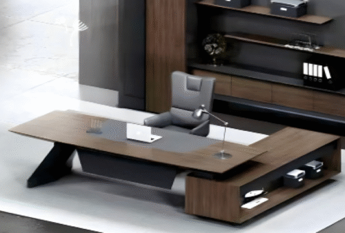 Executive desk with a distinctive design made of MDF wood and PVC veneer, supported by a side panel