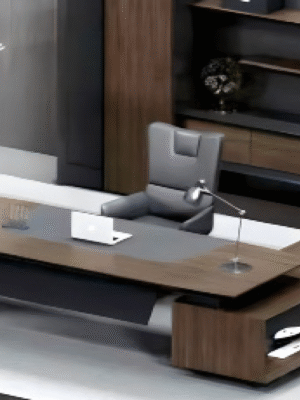 Executive desk with a distinctive design made of MDF wood and PVC veneer, supported by a side panel