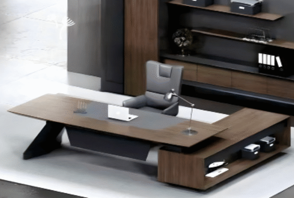 Executive desk with a distinctive design made of MDF wood and PVC veneer, supported by a side panel