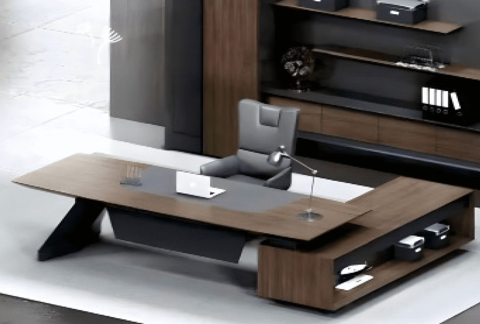 Executive desk with a distinctive design made of MDF wood and PVC veneer, supported by a side panel