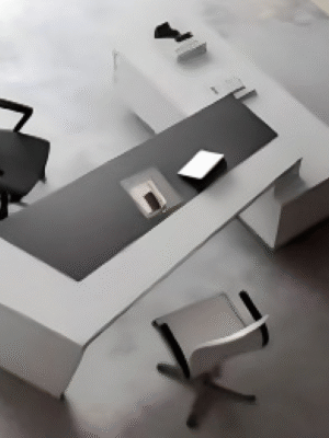 Executive desk with a distinctive design made of MDF wood and PVC veneer, supported by a side panel