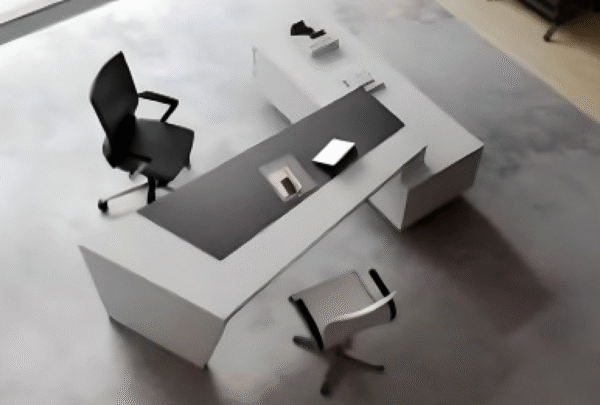 Executive desk with a distinctive design made of MDF wood and PVC veneer, supported by a side panel