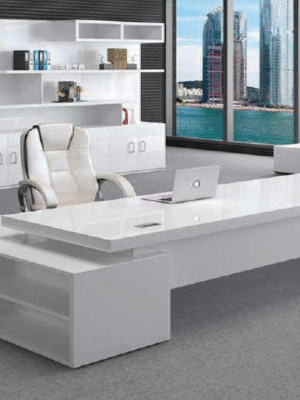 Executive desk with a distinctive design made of MDF wood and PVC veneer, supported by a side panel