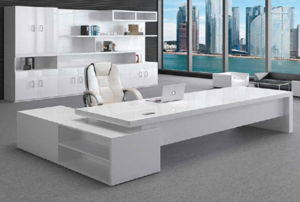 Executive desk with a distinctive design made of MDF wood and PVC veneer, supported by a side panel