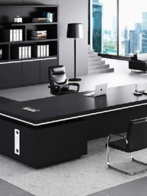 Executive desk with a distinctive design made of MDF wood and PVC veneer, supported by a side panel