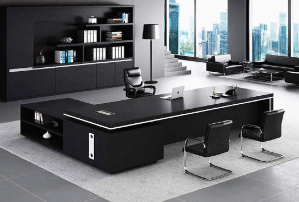 Executive desk with a distinctive design made of MDF wood and PVC veneer, supported by a side panel