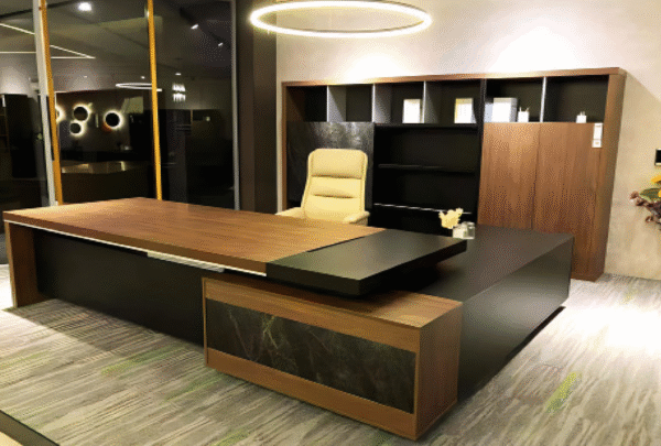 Executive desk with a distinctive design made of MDF wood and PVC veneer, supported by a side panel