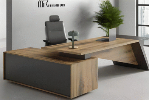 Executive desk with a distinctive design made of MDF wood and PVC veneer, supported by a side panel