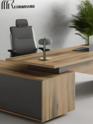 Executive desk with a distinctive design made of MDF wood and PVC veneer, supported by a side panel