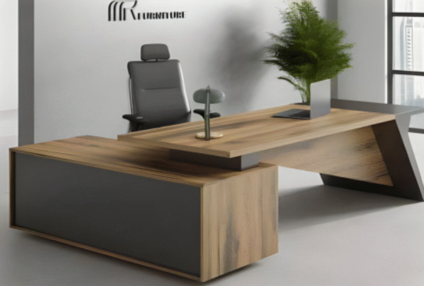 Executive desk with a distinctive design made of MDF wood and PVC veneer, supported by a side panel