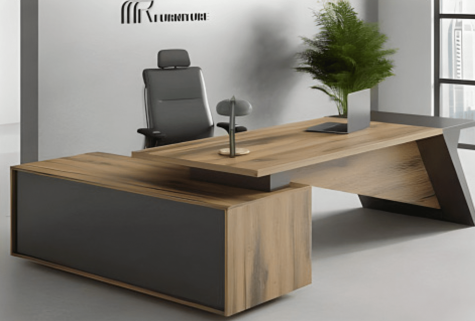Executive desk with a distinctive design made of MDF wood and PVC veneer, supported by a side panel
