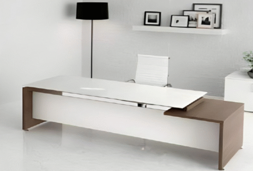 Executive desk with a distinctive design made of MDF wood and PVC veneer, supported by a side panel