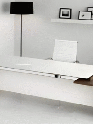 Executive desk with a distinctive design made of MDF wood and PVC veneer, supported by a side panel