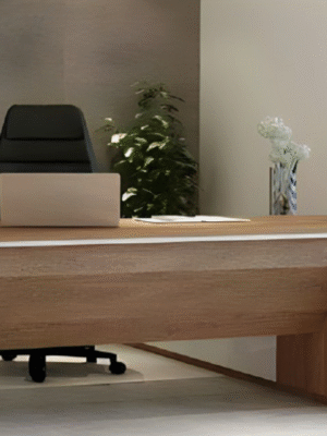 Executive desk with a distinctive design made of MDF wood and PVC veneer, supported by a side panel