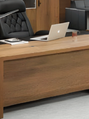 Executive desk with a distinctive design made of MDF wood and PVC veneer, supported by a side panel
