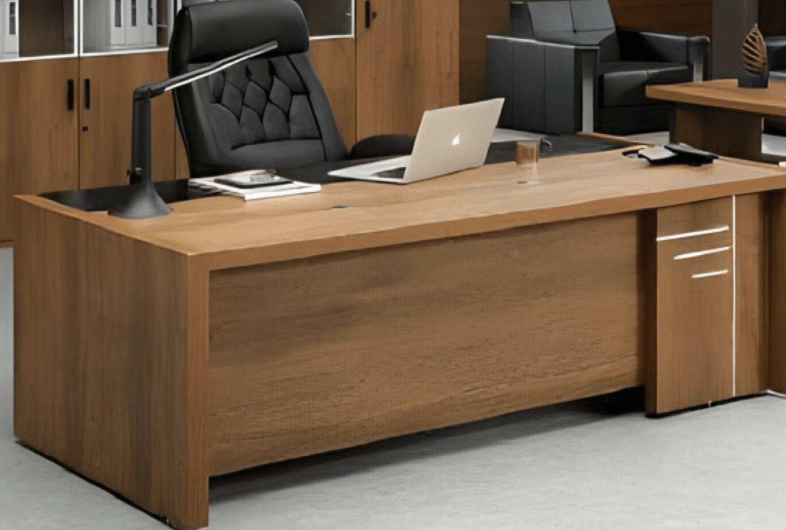 Executive desk with a distinctive design made of MDF wood and PVC veneer, supported by a side panel