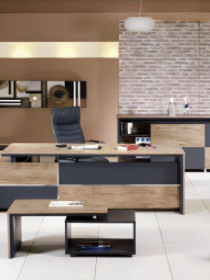 Executive desk with a distinctive design made of MDF wood and PVC veneer, supported by a side panel