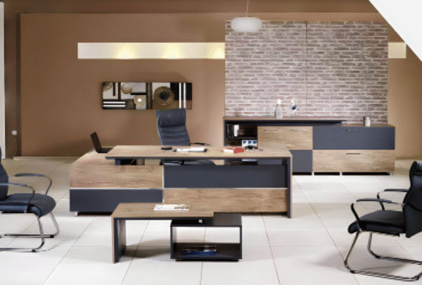 Executive desk with a distinctive design made of MDF wood and PVC veneer, supported by a side panel