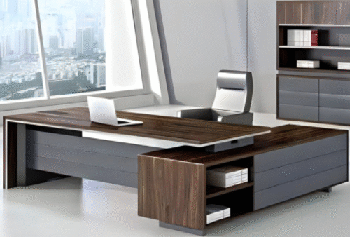 Executive desk with a distinctive design made of MDF wood and PVC veneer, supported by a side panel
