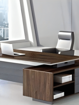 Executive desk with a distinctive design made of MDF wood and PVC veneer, supported by a side panel
