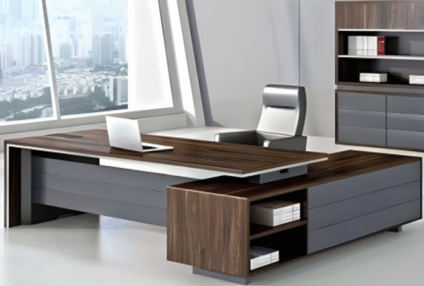 Executive desk with a distinctive design made of MDF wood and PVC veneer, supported by a side panel