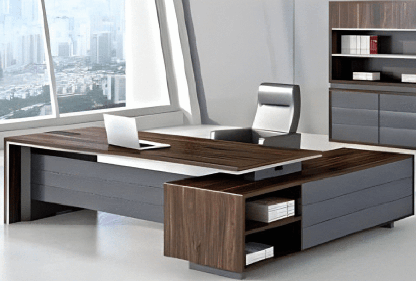 Executive desk with a distinctive design made of MDF wood and PVC veneer, supported by a side panel