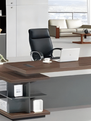 Executive desk with a distinctive design made of MDF wood and PVC veneer, supported by a side panel