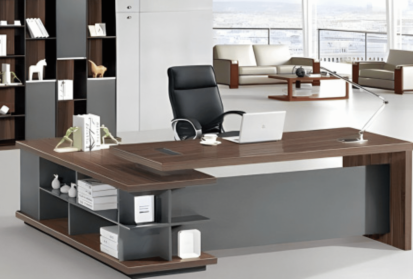 Executive desk with a distinctive design made of MDF wood and PVC veneer, supported by a side panel