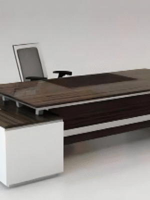 Executive desk with a distinctive design made of MDF wood and PVC veneer, supported by a side panel