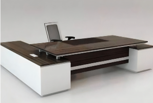 Executive desk with a distinctive design made of MDF wood and PVC veneer, supported by a side panel