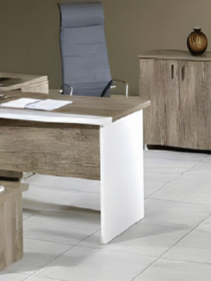 Executive desk with a distinctive design made of MDF wood and PVC veneer, supported by a side panel