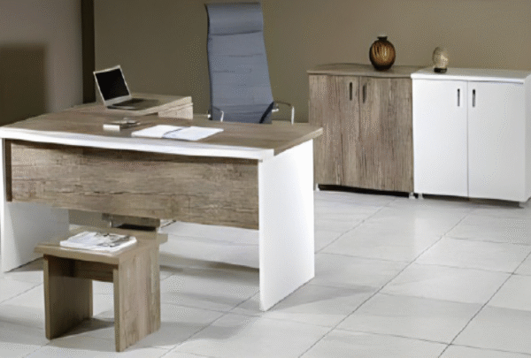 Executive desk with a distinctive design made of MDF wood and PVC veneer, supported by a side panel