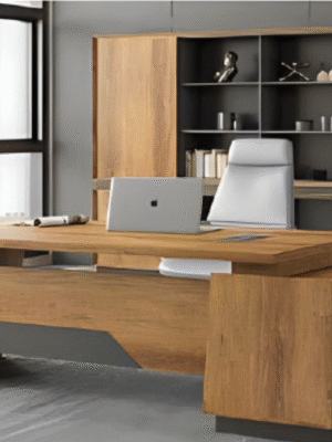 Executive desk with a distinctive design made of MDF wood and PVC veneer, supported by a side panel