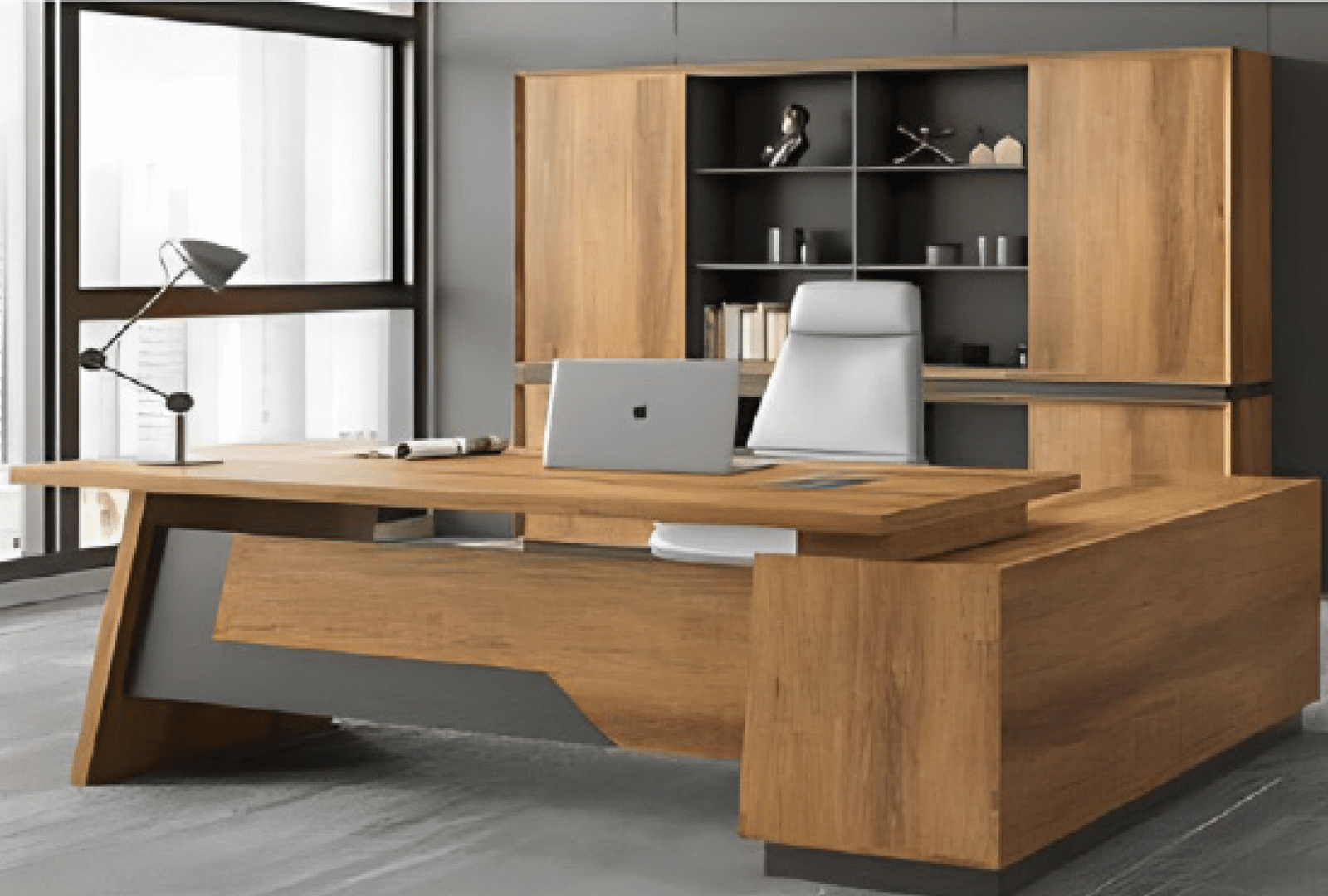 Executive desk with a distinctive design made of MDF wood and PVC veneer, supported by a side panel