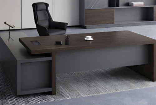 Executive desk with a distinctive design made of MDF wood and PVC veneer, supported by a side panel