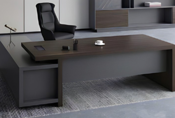 Executive desk with a distinctive design made of MDF wood and PVC veneer, supported by a side panel