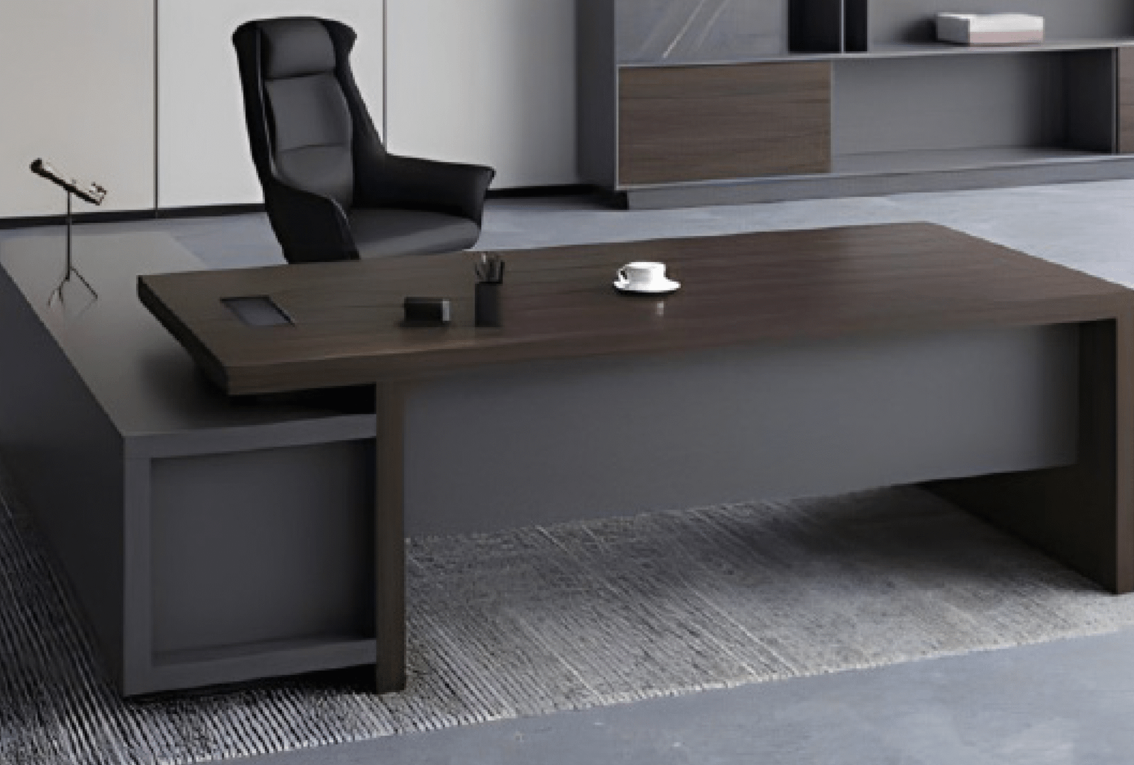 Executive desk with a distinctive design made of MDF wood and PVC veneer, supported by a side panel