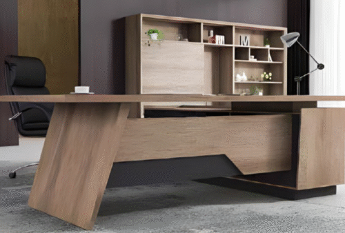Executive desk with a distinctive design made of MDF wood and PVC veneer, supported by a side panel