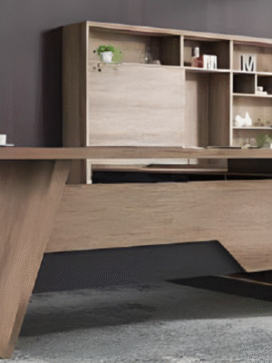 Executive desk with a distinctive design made of MDF wood and PVC veneer, supported by a side panel