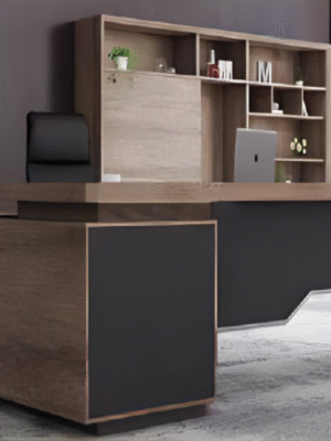 Executive desk with a distinctive design made of MDF wood and PVC veneer, supported by a side panel