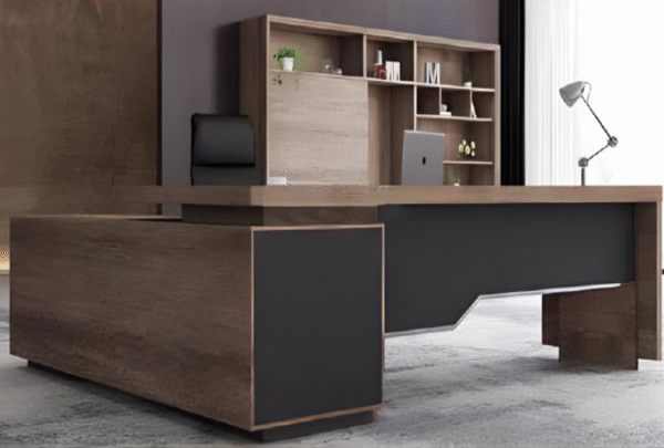 Executive desk with a distinctive design made of MDF wood and PVC veneer, supported by a side panel