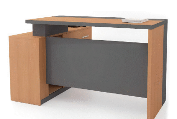 Executive desk with a distinctive design made of MDF wood and PVC veneer, supported by a side panel