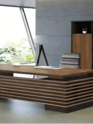 Executive desk with a distinctive design made of MDF wood and PVC veneer, supported by a side panel