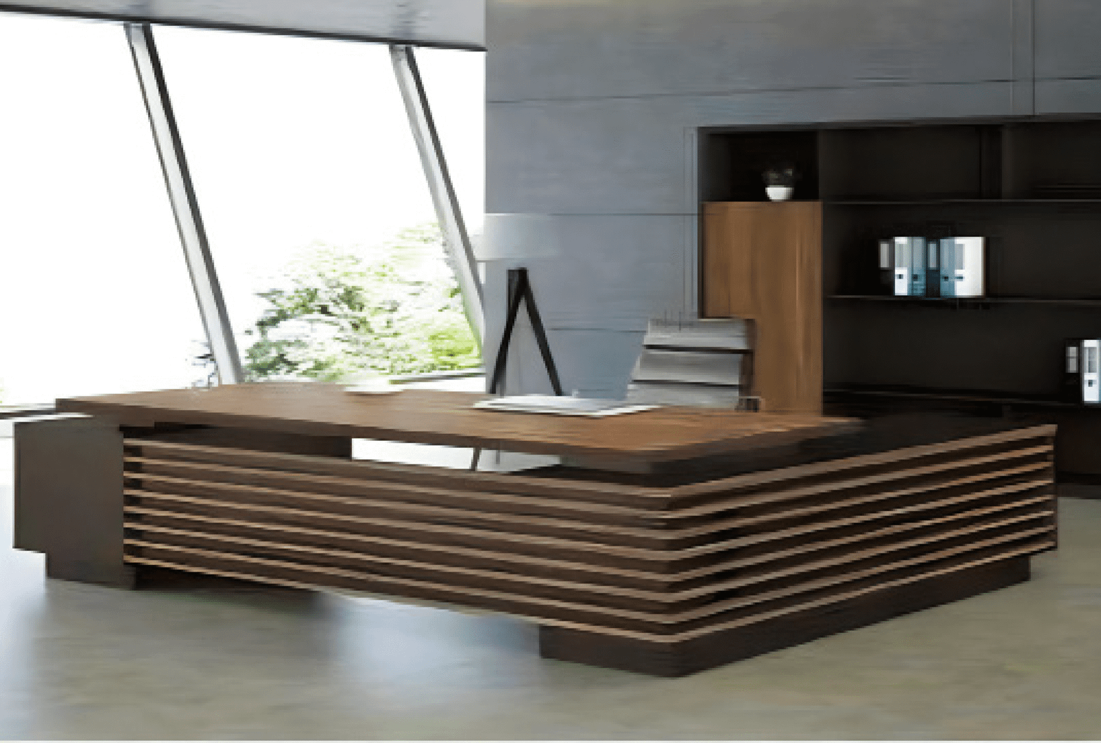 Executive desk with a distinctive design made of MDF wood and PVC veneer, supported by a side panel