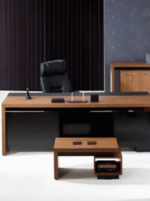 Executive desk with a distinctive design made of MDF wood and PVC veneer, supported by a side panel