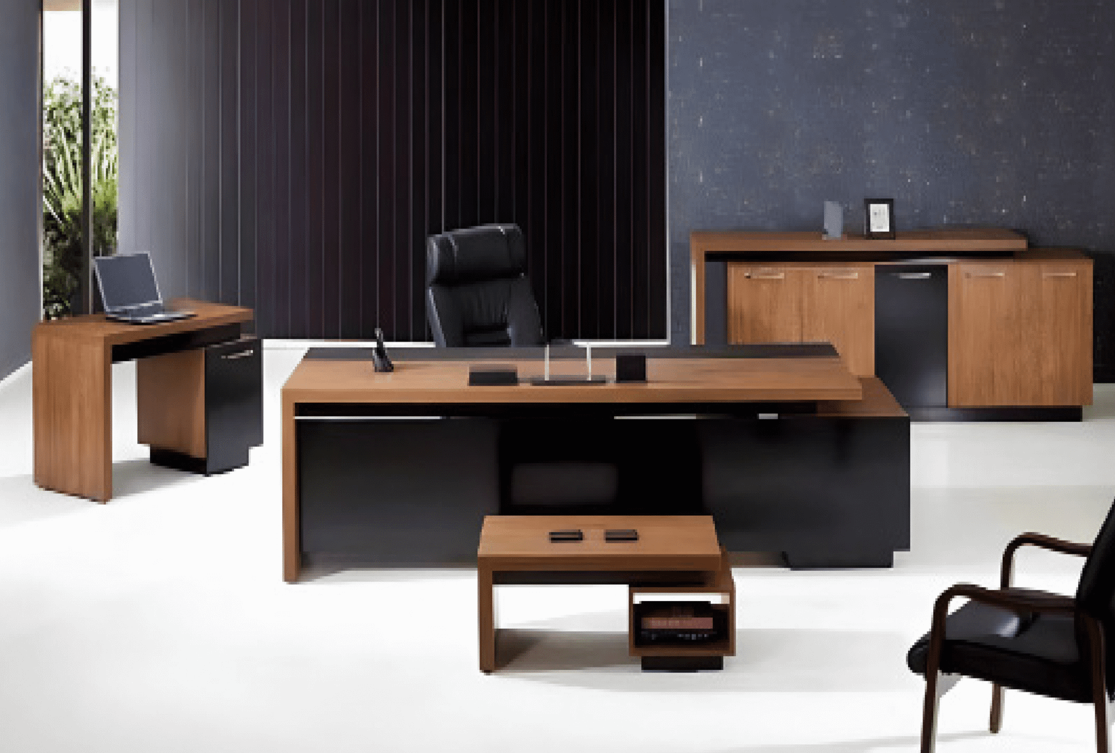 Executive desk with a distinctive design made of MDF wood and PVC veneer, supported by a side panel