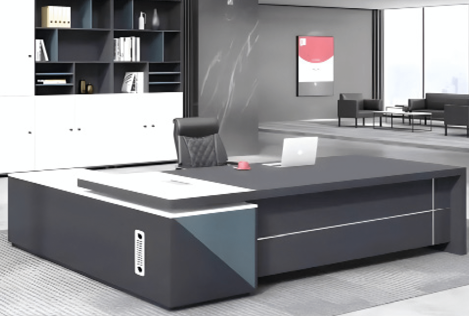 Executive desk with a distinctive design made of MDF wood and PVC veneer, supported by a side panel