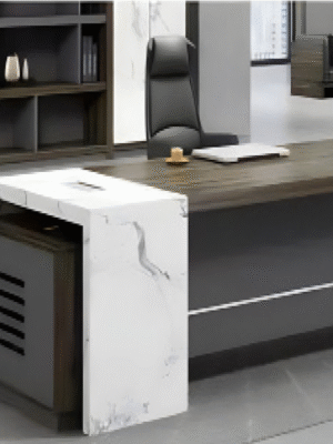 Executive desk with a distinctive design made of MDF wood and PVC veneer, supported by a side panel
